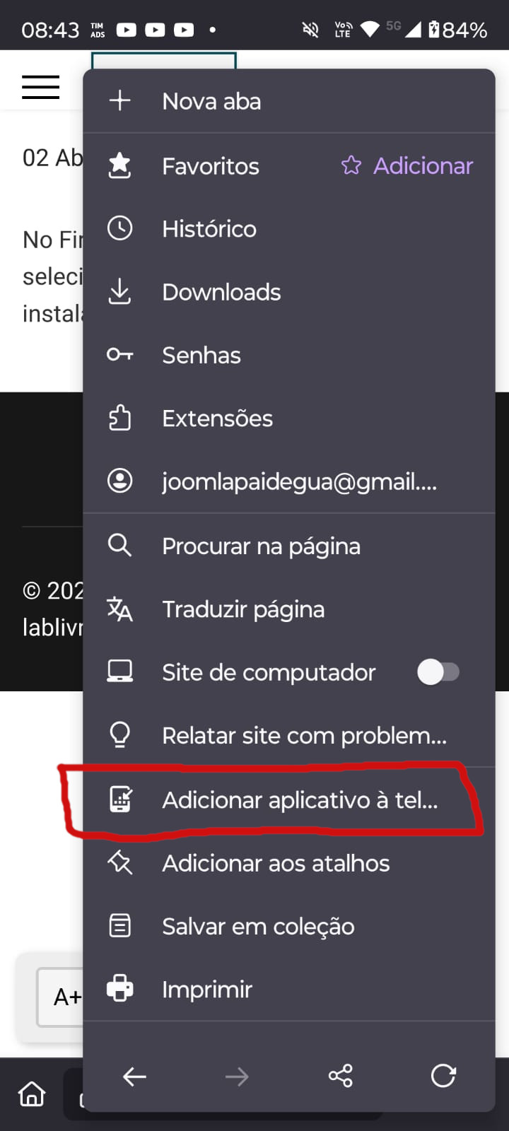 Passo 2 - Selecionar adicionar à tela inicial